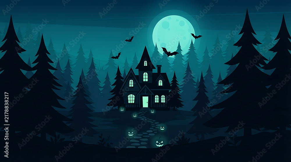 Fototapeta premium Art of mysterious house among pine tree silhouettes and glowing jack o lanterns