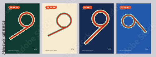 Modern Minimalist Geometric Number Nine Poster Set with Vibrant Retro Color Palette and Sleek Line Art Composition