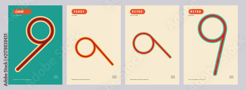 Set of Four Minimalist Posters Featuring Abstract Numeric Nine Designs in a Retro Inspired Color Palette with Geometric Lines