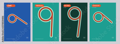 Set of Four Minimalist Posters Featuring Contemporary Typography and Geometric Number Nine Designs in Vibrant Retro Color Palettes