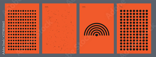 Minimalist Geometric Pattern Posters Featuring Abstract Circles and Concentric Arcs in Bold Orange and Black Color Palette