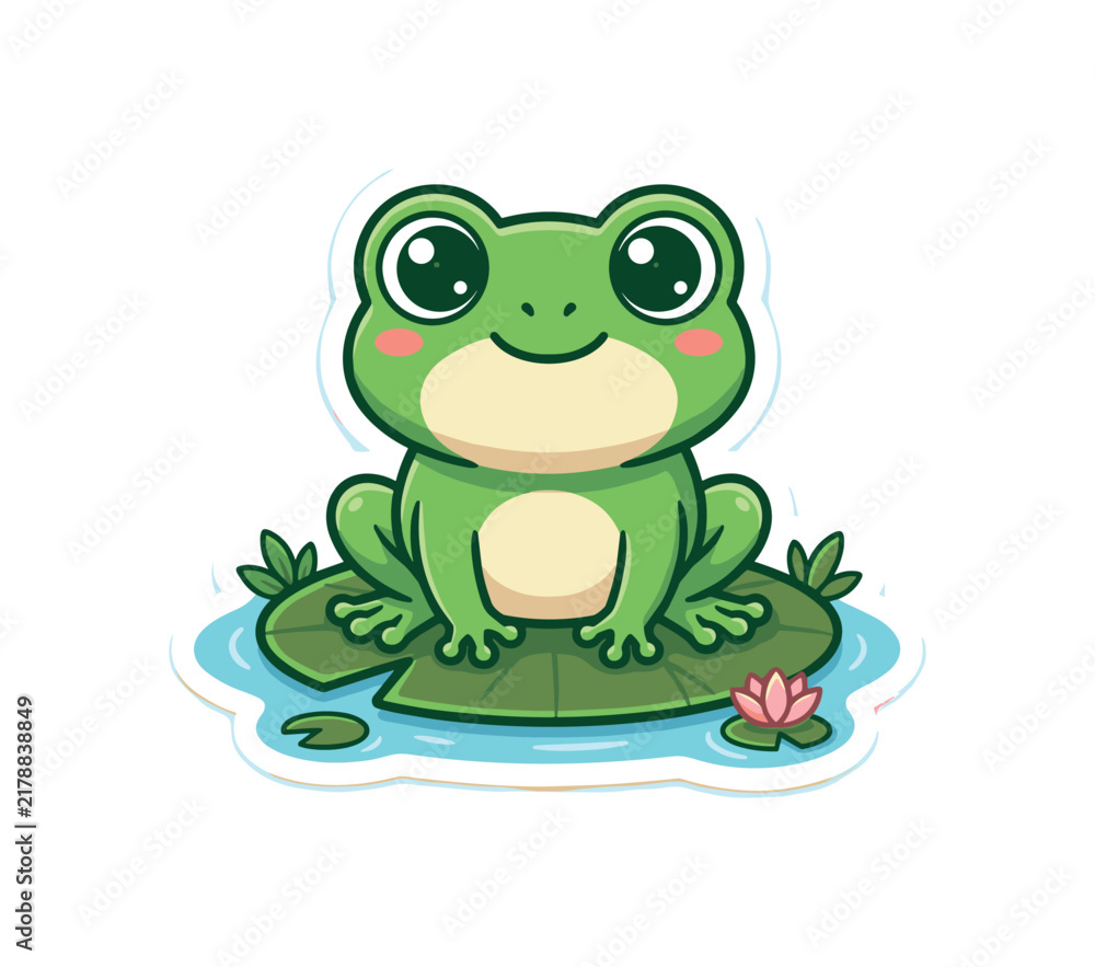 Fototapeta premium Cute cartoon frog sitting on a lily pad with a small pink flower