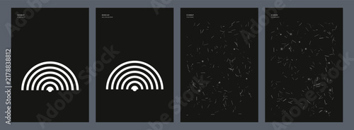 Set of Four Minimalist Black and White Posters Featuring Concentric Semi-Circle Arcs and Scattered Abstract Particle Texture Designs