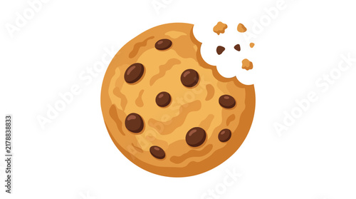 Delicious golden chocolate chip cookie with a single bite taken out in a flat vector style