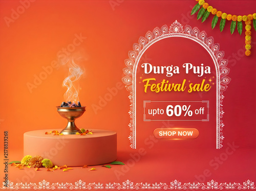 Durga puja festival sale banner with traditional dhunuchi incense burner on a pedestal, marigold flowers, and decorative arch on a vibrant orange and red background