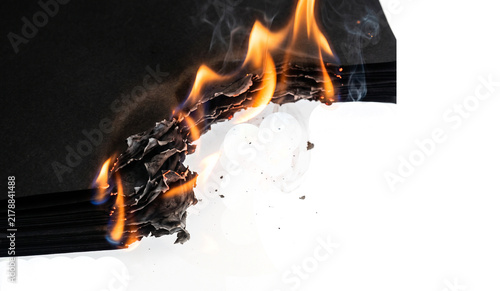 Burning black paper stack with flames and smoke isolated on transparent background