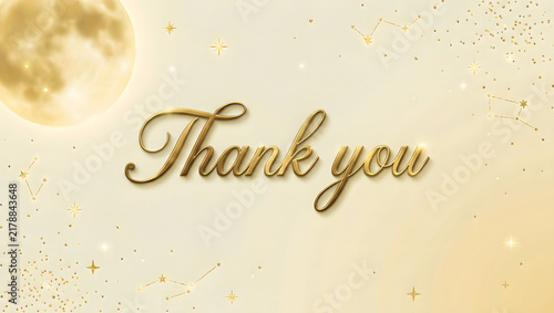 Elegant thank you card design with gold lettering and a soft glowing moon on a textured background