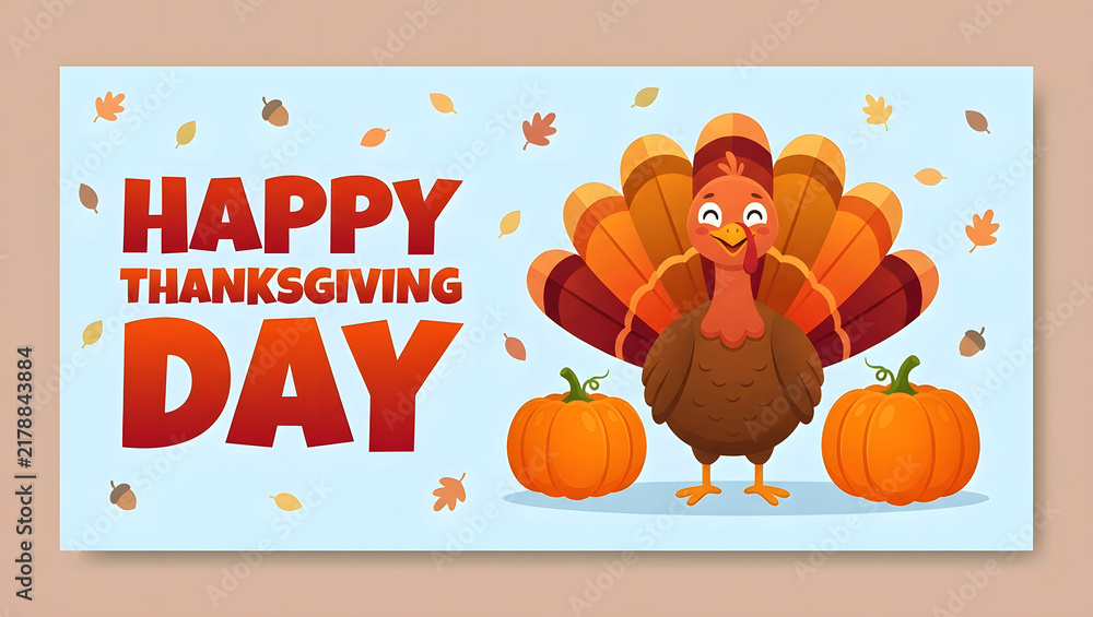 Fototapeta premium Happy thanksgiving day greeting card design with a cute cartoon turkey and orange pumpkins on blue background