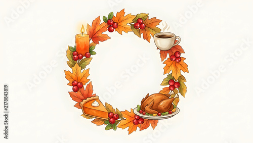 Decorative autumn wreath made of colorful fall leaves and red berries isolated on a white background