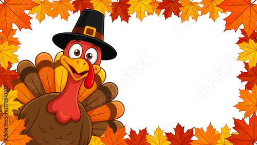 Cute cartoon turkey wearing a pilgrim hat with a colorful autumn maple leaf border for thanksgiving