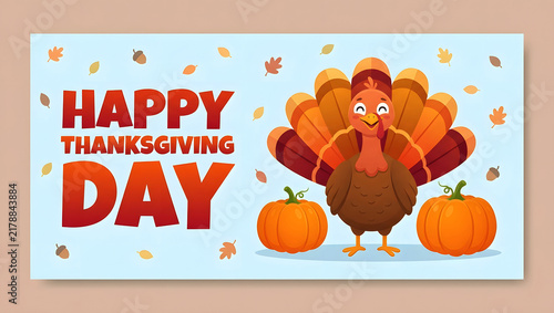 Happy thanksgiving day greeting card design with a cute cartoon turkey and orange pumpkins on blue background