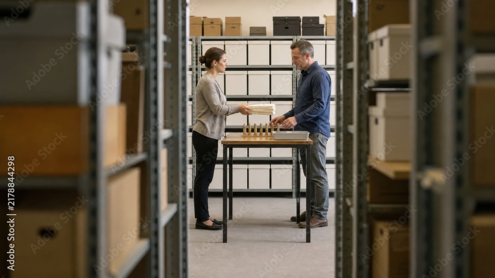 Fototapeta premium A payroll specialist hands sealed wage envelopes to a small business