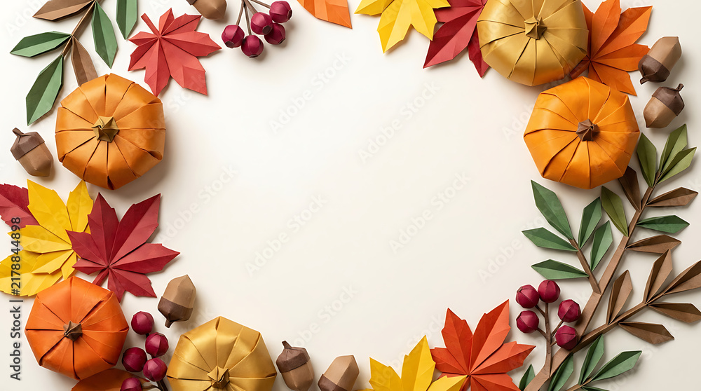 Fototapeta premium Autumn frame with origami pumpkins and colorful paper leaves on white background