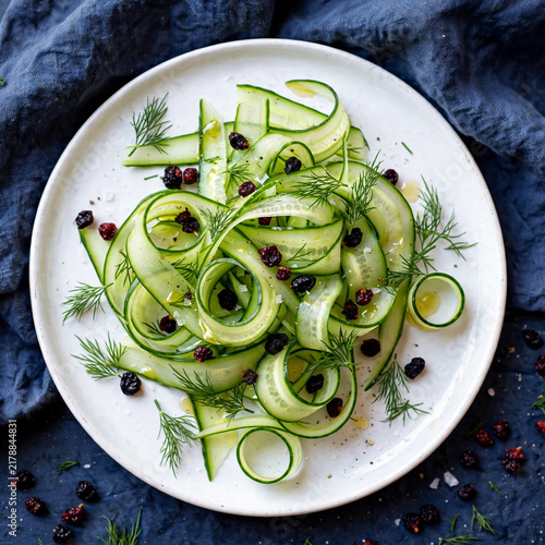 Fresh Cucumber Ribbon Salad with Herbs and Currants A healthy green salad featuring thin cucumber ribbons, fresh dill, and dried currants served on a white plate over a dark blue fabric background.
