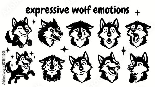 expressive wolf emotions featuring happy angry sad surprised sleepy excited scared confused laughing and curious expressions vector illustration set for children emotion education stickers messaging