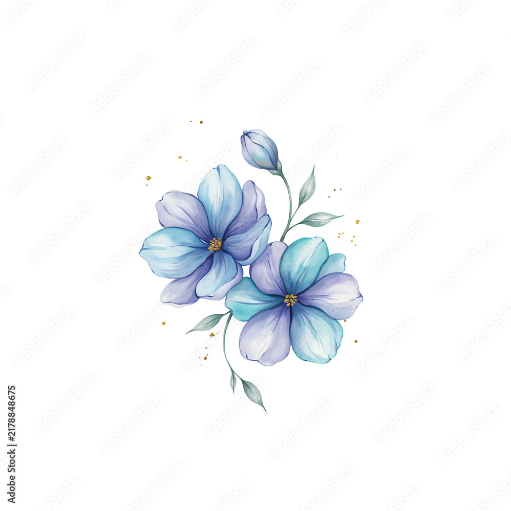 Obraz premium Two blue and purple watercolor flowers with a small bud and leaves isolated on a transparent background