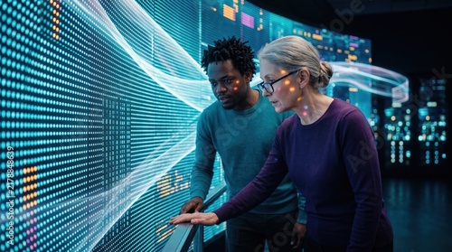 Two specialists studying a section of a glowing data wall