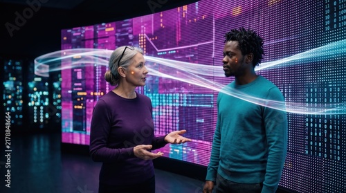 Team standing small against an enormous curved data wall