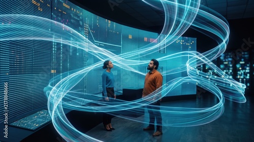 Team standing small against an enormous curved data wall
