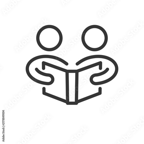 learning clip art icon symbol, education concept, back to school, two kids reading a book, line art vector illustration