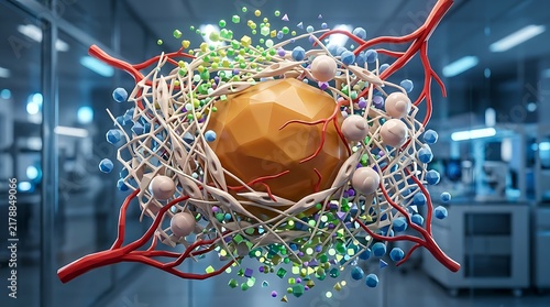 Cell surrounded by blood vessels and chemical molecules in medical lab