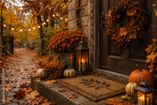 Warm autumn home entrance decorated with pumpkins, fall wreath, orange flowers, glowing lanterns and fallen leaves. Cozy seasonal front porch scene with welcoming fall atmosphere.