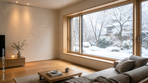 Plakat 雪景色を望む大きな窓のリビング住宅写真