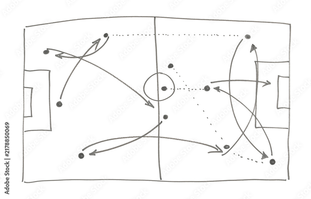 Obraz premium Soccer, football tactics isolated on white blackboard, hand draw black marker, clipping path 