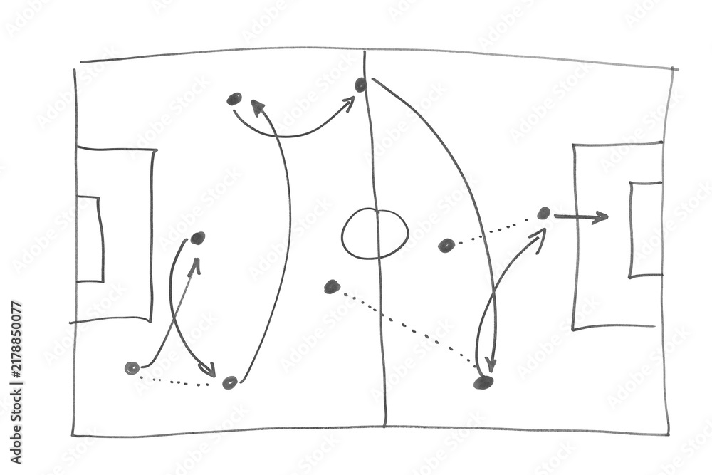 Obraz premium Soccer, football tactics isolated on white blackboard, hand draw black marker, clipping path 