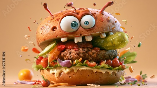 Cute cartoon burger character with expressive eyes on an orange background, playful fast food illustration, Halloween theme.