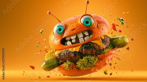 Colorful cartoon sandwich with expressive eyes on an orange background, playful fast food illustration, humorous Halloween concept.