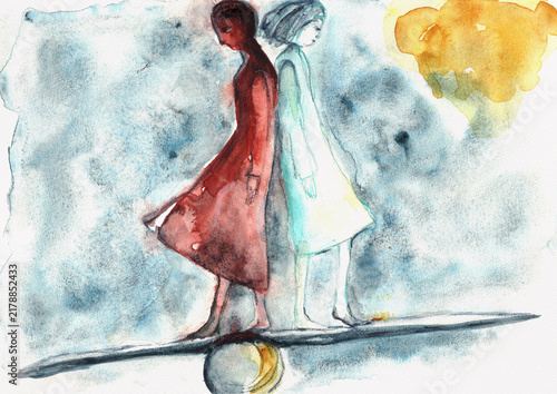 Two People Balancing on a Beam, Symbolic Relationship Concept, Hand-Painted Watercolor