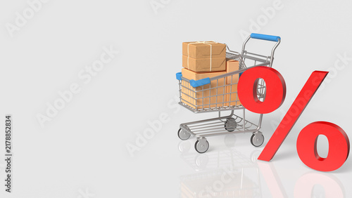 Shopping Cart with Packages and Bold Red Discount Symbol 3d render.