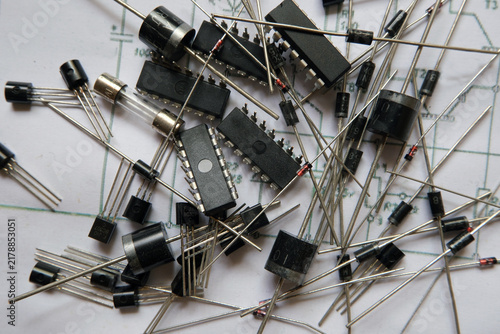 Semiconductor parts on the workbench. Focused on integrated circuit.