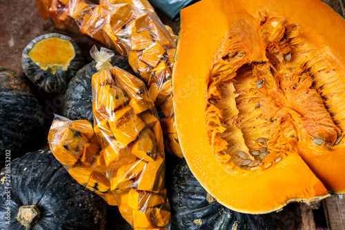 Pumpkins kabocha exposed in street market stall in Brazil