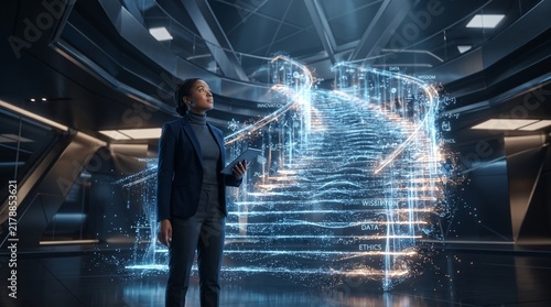 Businesswoman interacting with a holographic staircase projection in a modern office building.