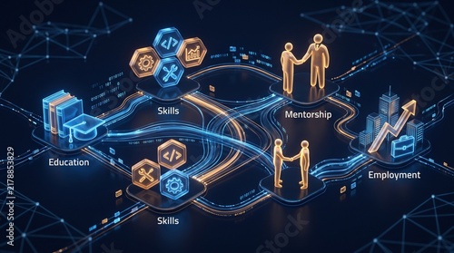Conceptual illustration of professional development path from education to skills mentorship and career employment.