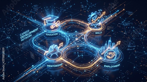 Digital visualization of a career development network with glowing icons for education skills mentorship and employment.