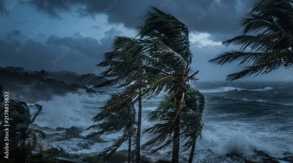 Obraz premium Severe tropical storm with violent winds whipping palm trees by rough sea