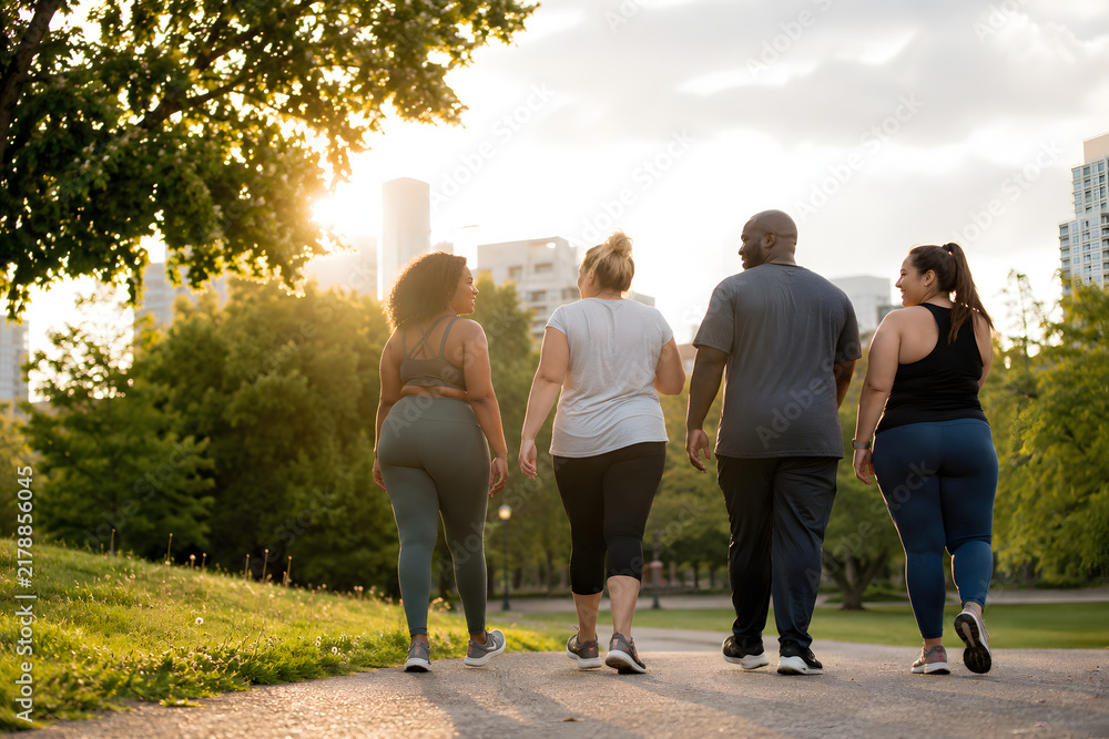 Fototapeta premium Diverse adults walking together through an urban park after a wellness event, celebrating inclusive health, community connection, natural body diversity and active everyday living. 