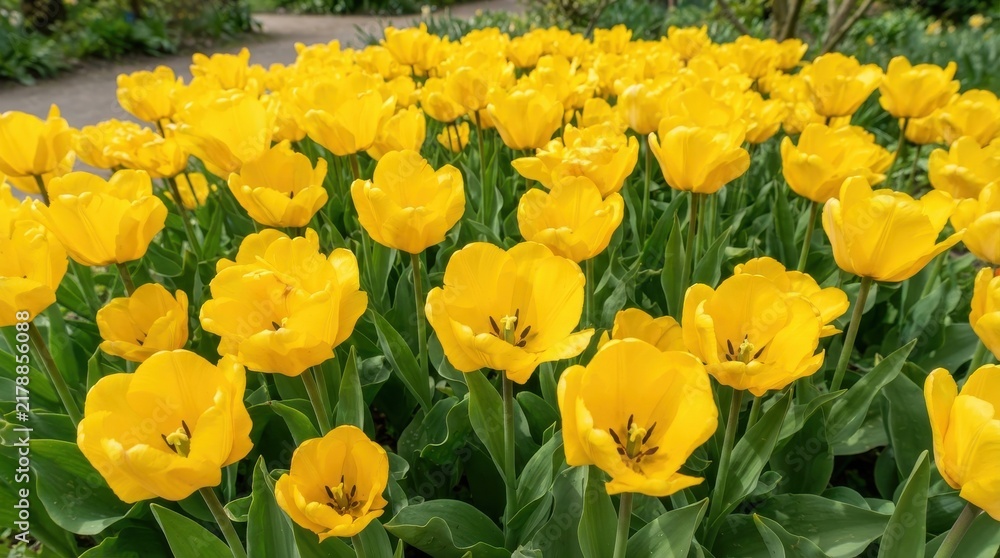 Obraz premium Vibrant field of blooming yellow tulips in spring garden