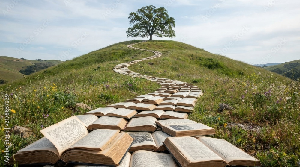 Obraz premium Path made of open books leading up a grassy hill to a tree