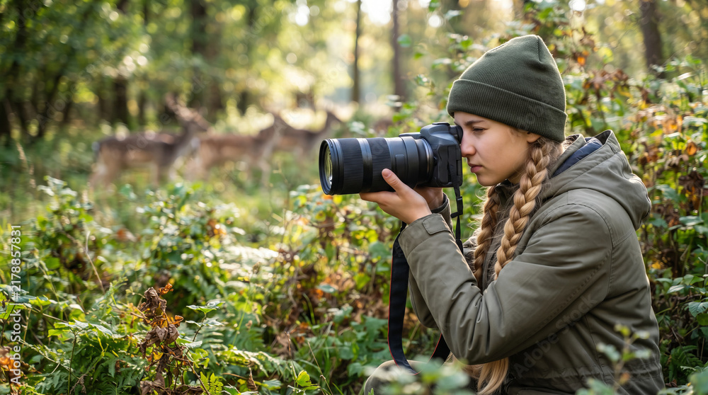 Fototapeta premium Woman photographer taking picture of wild deer in autumn forest. Wildlife photography and photo hunting concept. Nature observation and animal watching in woodland habitat