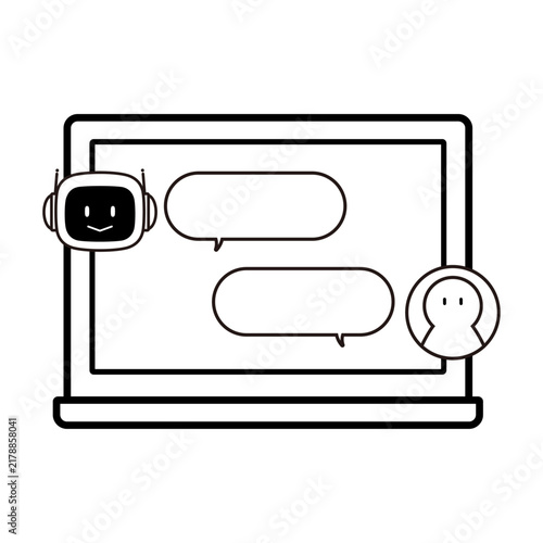 Ai chatbot conversation on laptop screen, robot and user chat interface