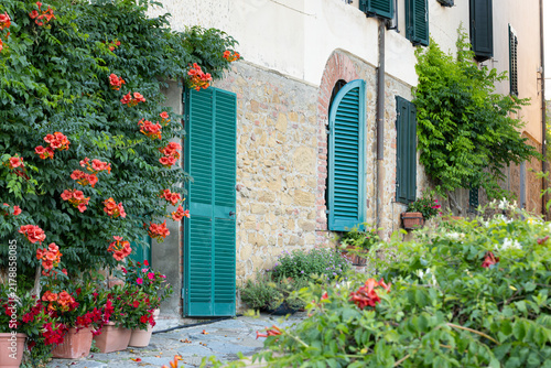 Fotografie Colorful flowers and greenery adorn a stone wall with blue shutters and doors in