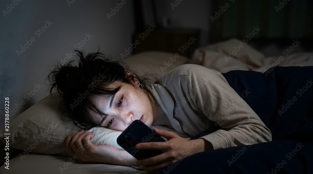 Fototapeta premium Asian Woman In Pajamas Lying In Bed Staring At Glowing Smartphone Screen With Insomnia In Dark Bedroom