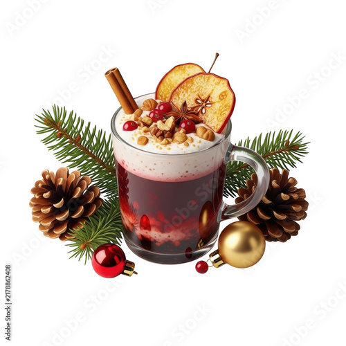 Hot red mulled wine in a glass for christmas isolated on transparent background