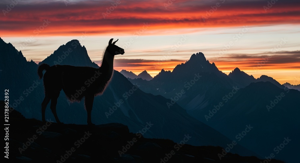 Obraz premium Llama silhouetted against a dramatic sunset over mountain peaks, vibrant sky
