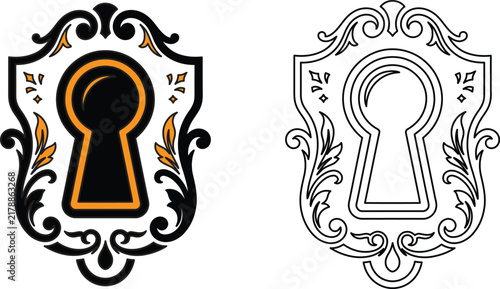 Vintage ornamental keyhole icon set in colored and line art