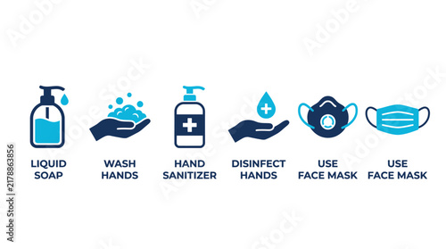 Hygiene icons depicting soap, hand sanitizer and face masks for public health protection and safety measures
